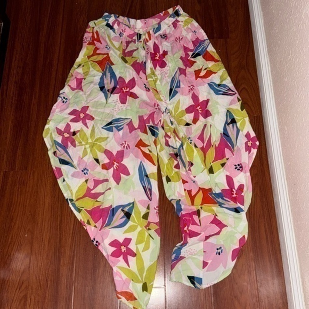 girl soul pants trousers capri floral tropical side slit high paper bag waist XL